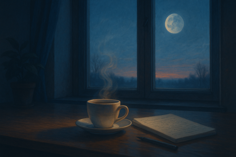 Hero-Bild zu "Morgens schuldet dir noch nichts etwas": Morgendämmerung am Fenster mit Kaffeetasse, Notizen und stillem Mondmotiv.