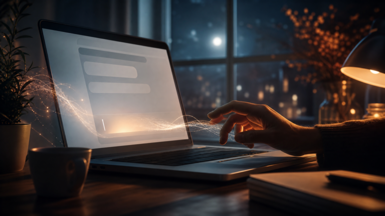 Eine Hand über einer Tastatur, ein blinkender Cursor im weichen Mondlicht, kurz vor dem Senden